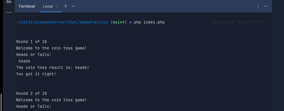 screenshot of heads or tails code