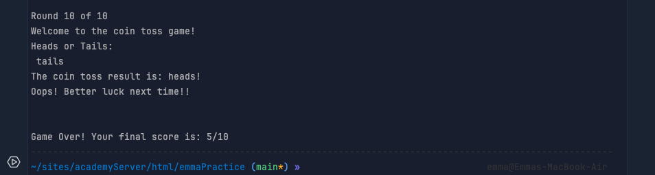 screenshot of heads or tails code
