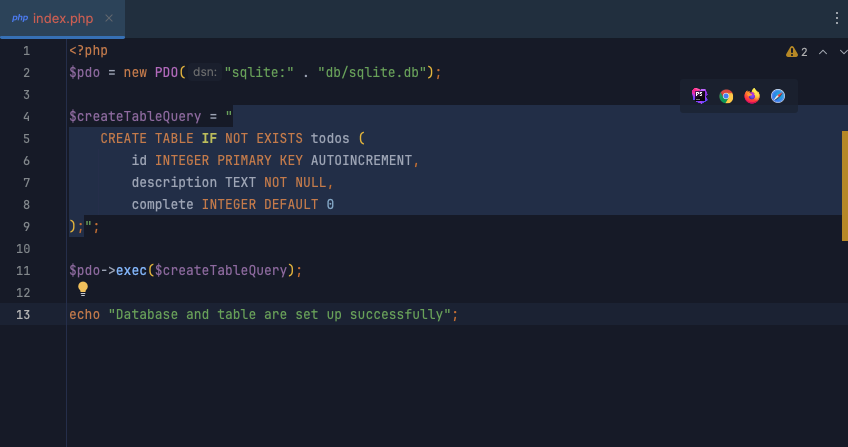 screenshot of set up code for sqlite db